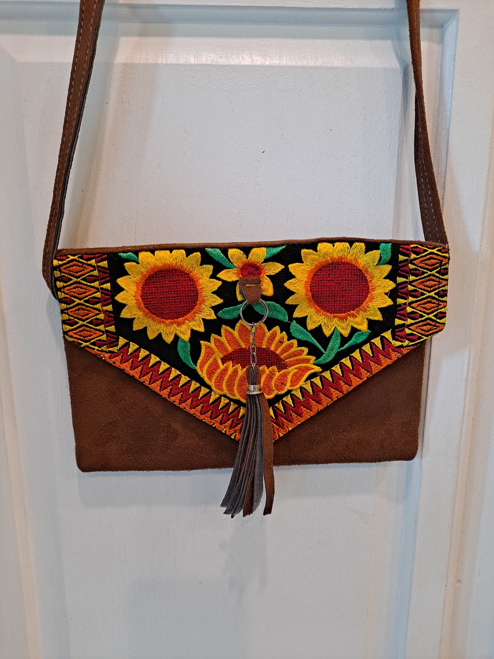 Artisan Brown Vegan Suede Crossbody Vibrant Sunflower Embroidery Slim Cottagecor